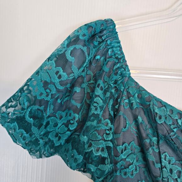 Vintage 80’s Paragon Teal Lace Formal Prom Midi Dress Gray Lining Waist Rosette - Picture 9 of 10